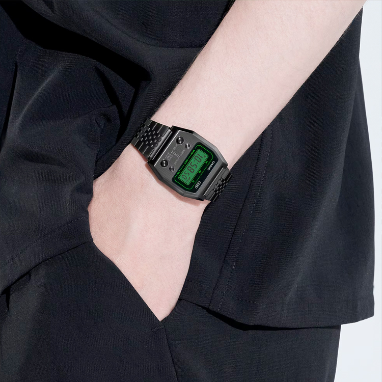 Casio A1100B-1 黑色 全不鏽鋼 方形復古跳字錶