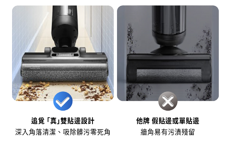 追覓「真」雙貼邊設計 深入角落清潔、吸除髒污零死角 他牌 假貼邊或單貼邊 牆角易有污漬殘留