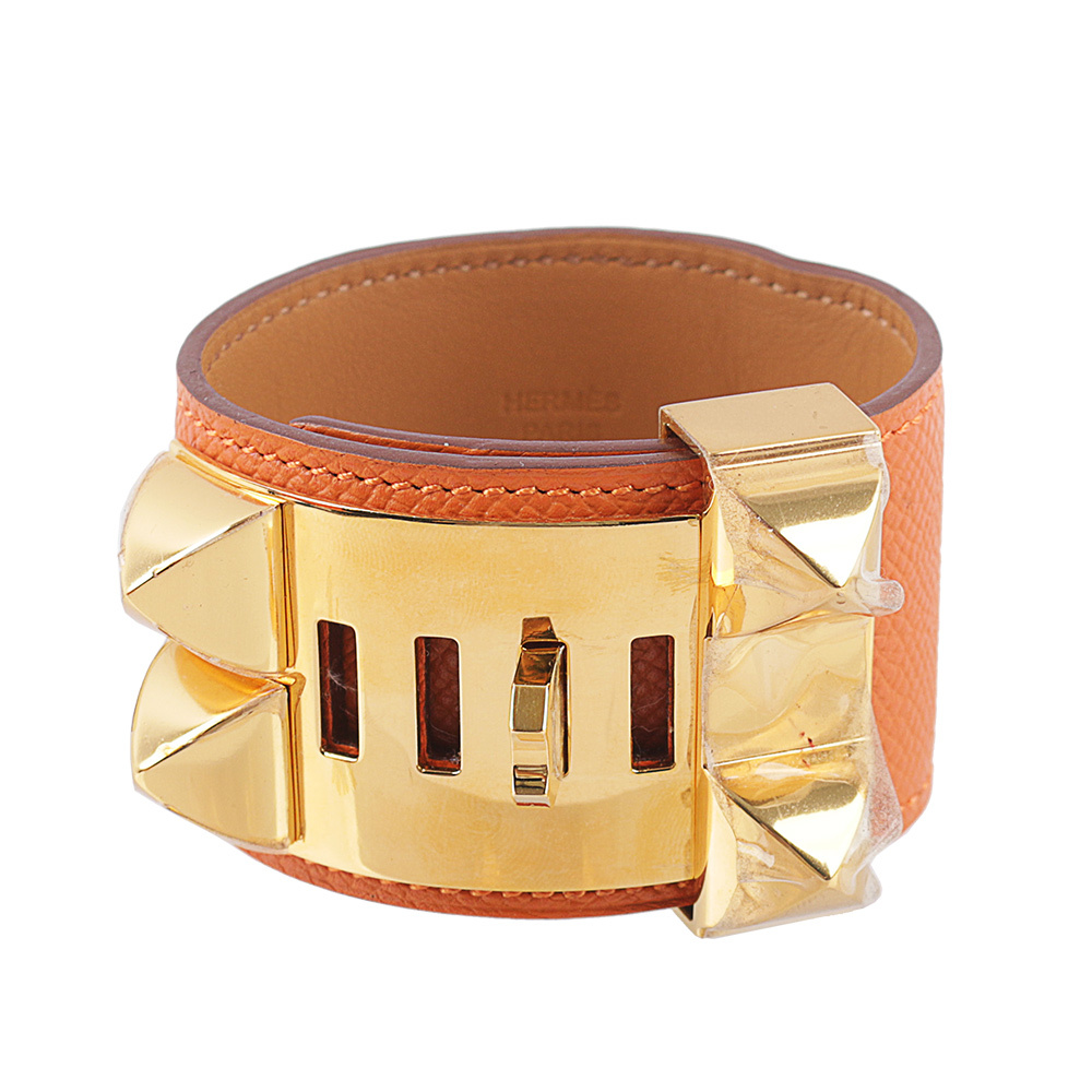 【HERMES】EPSOM皮 鉚釘金釦CDC手環 (S)(橘色)