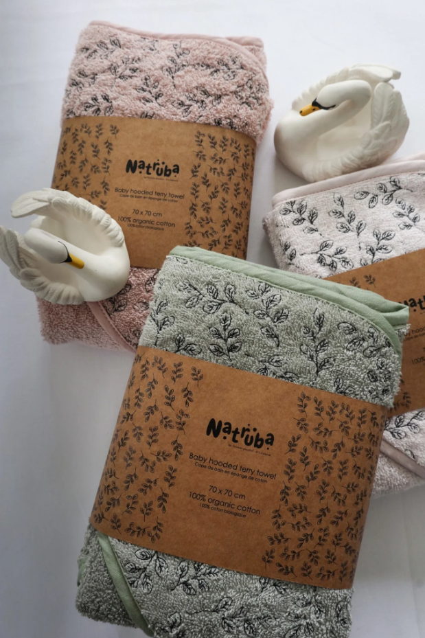 Natruba-Terry baby hooded bathtowel樹葉刺繡嬰兒連帽浴巾(Creme)