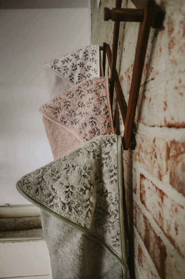 Natruba-Terry baby hooded bathtowel樹葉刺繡嬰兒連帽浴巾(Powder)