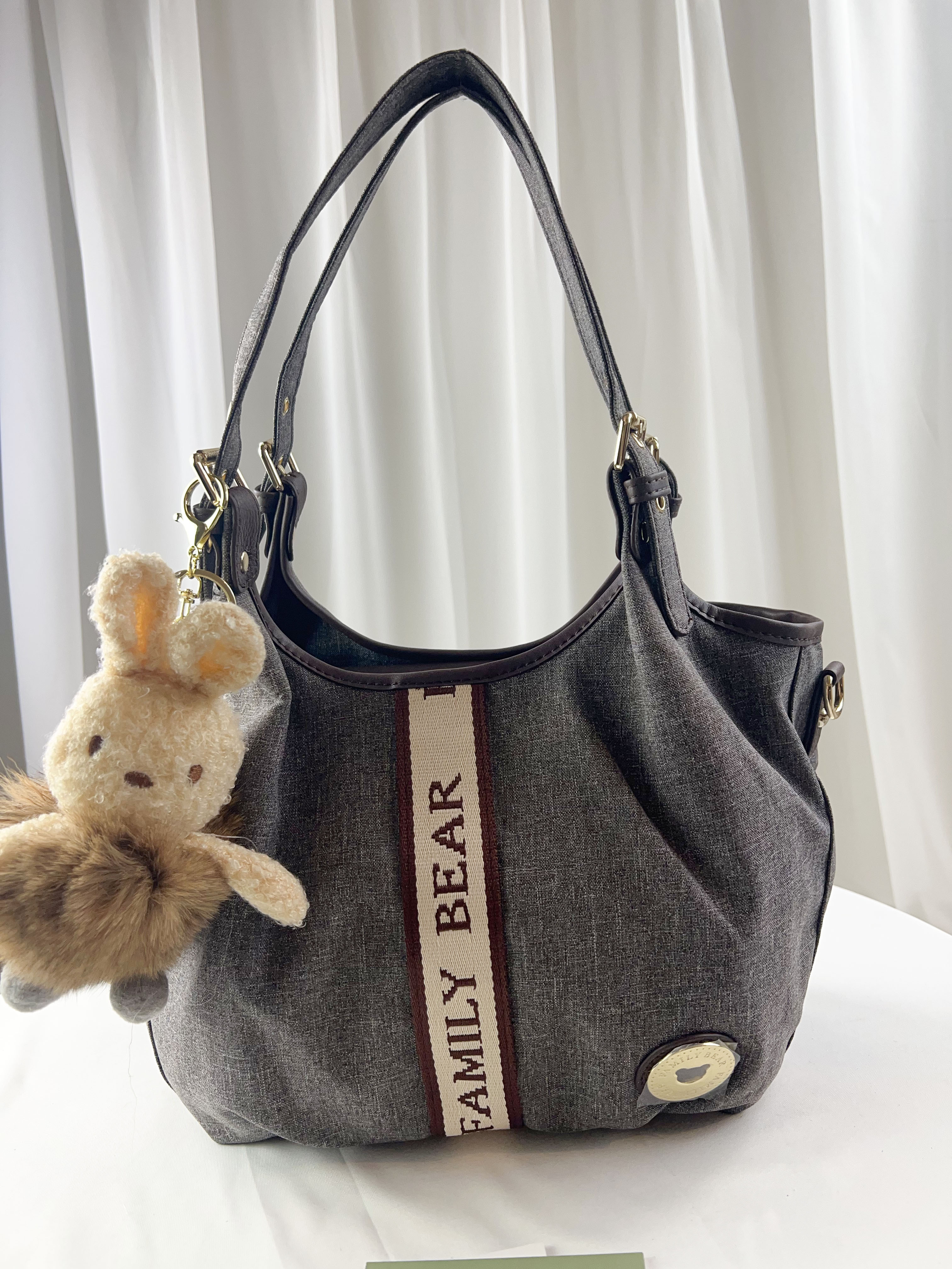 FamilyBear 織帶灰配咖防潑水手提包 / 側背包 附兔兔吊飾  #2520