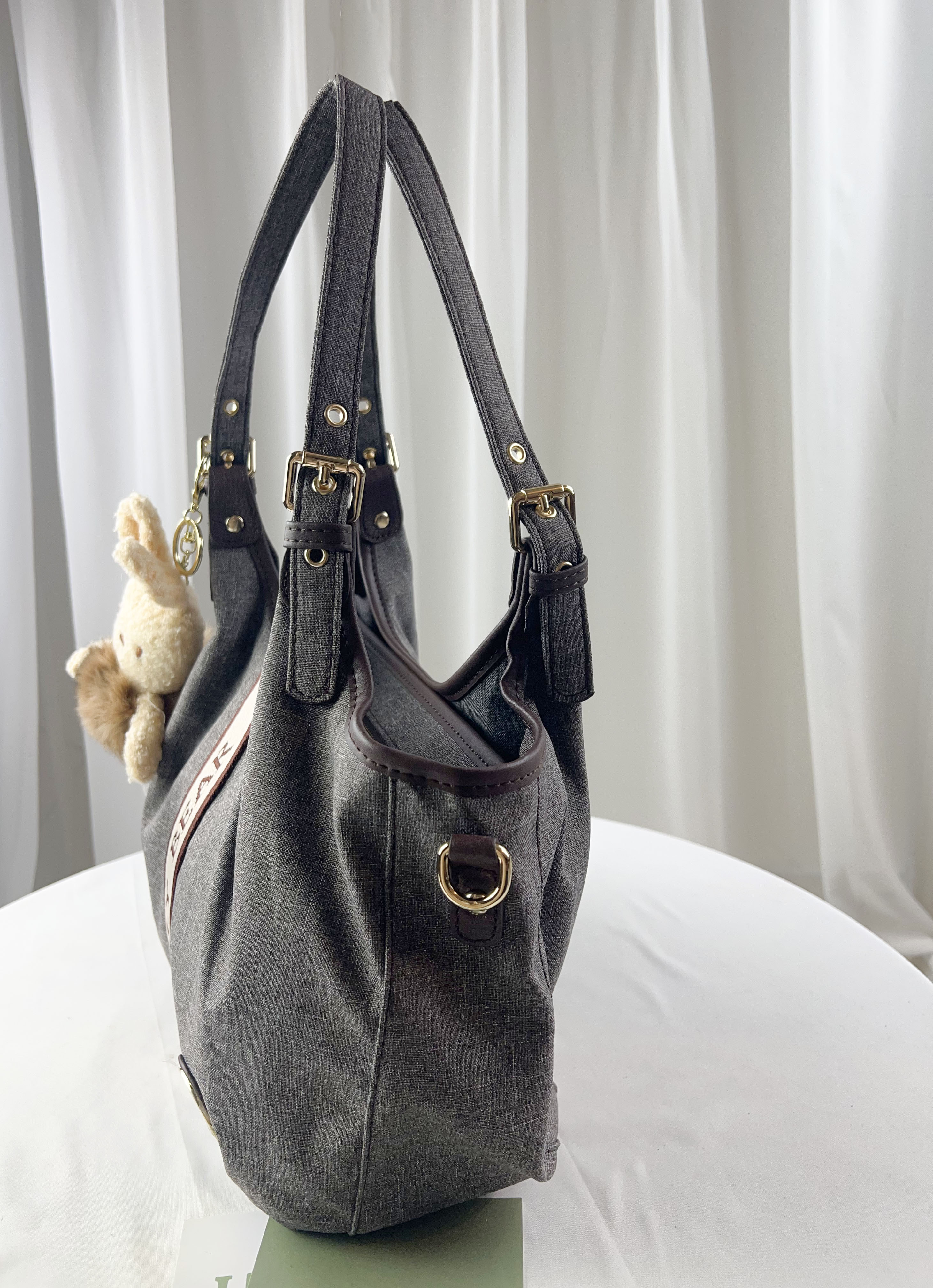 FamilyBear 織帶灰配咖防潑水手提包 / 側背包 附兔兔吊飾  #2520