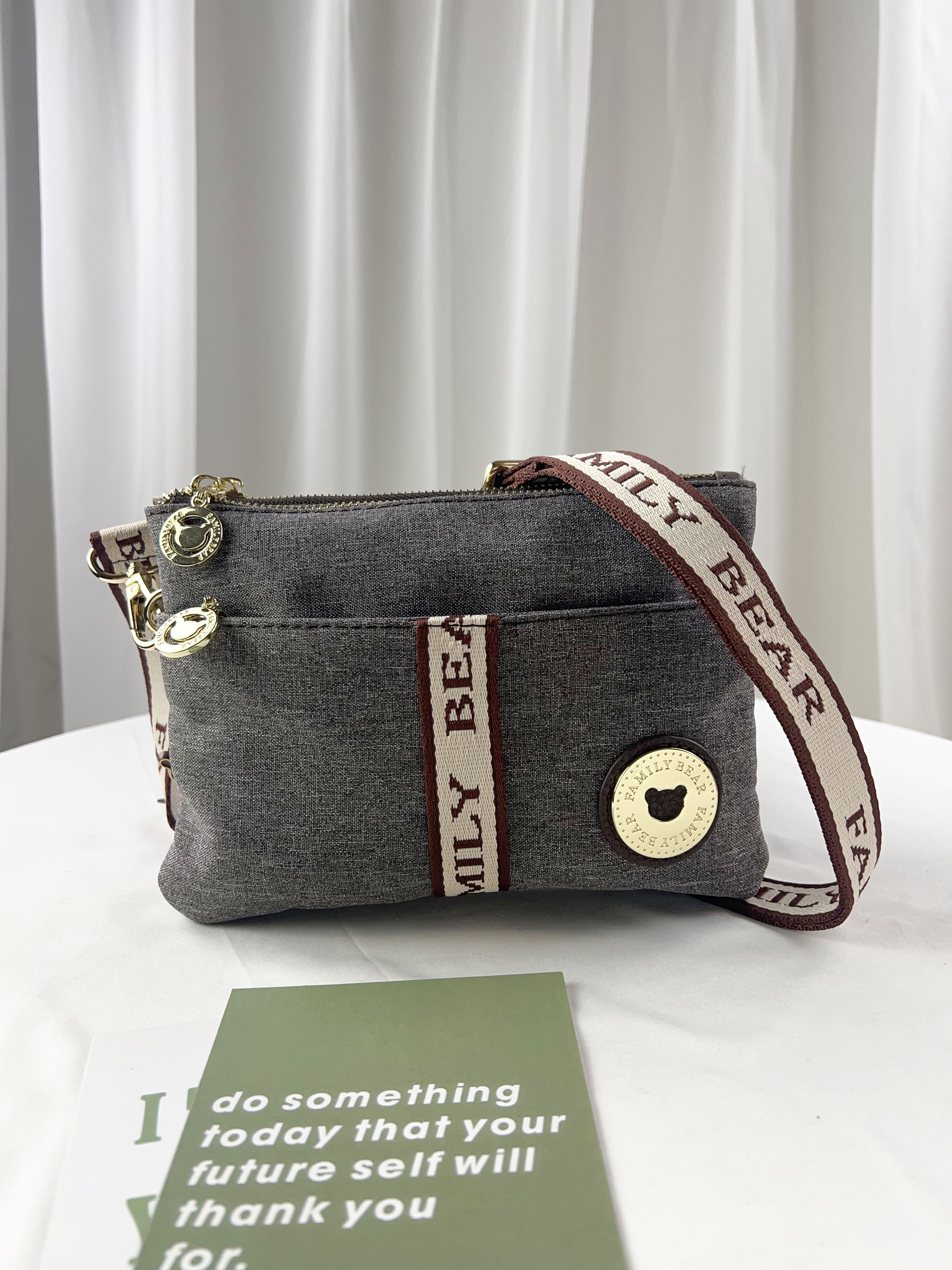 FamilyBear 織帶灰配咖防潑水側背包 #2835