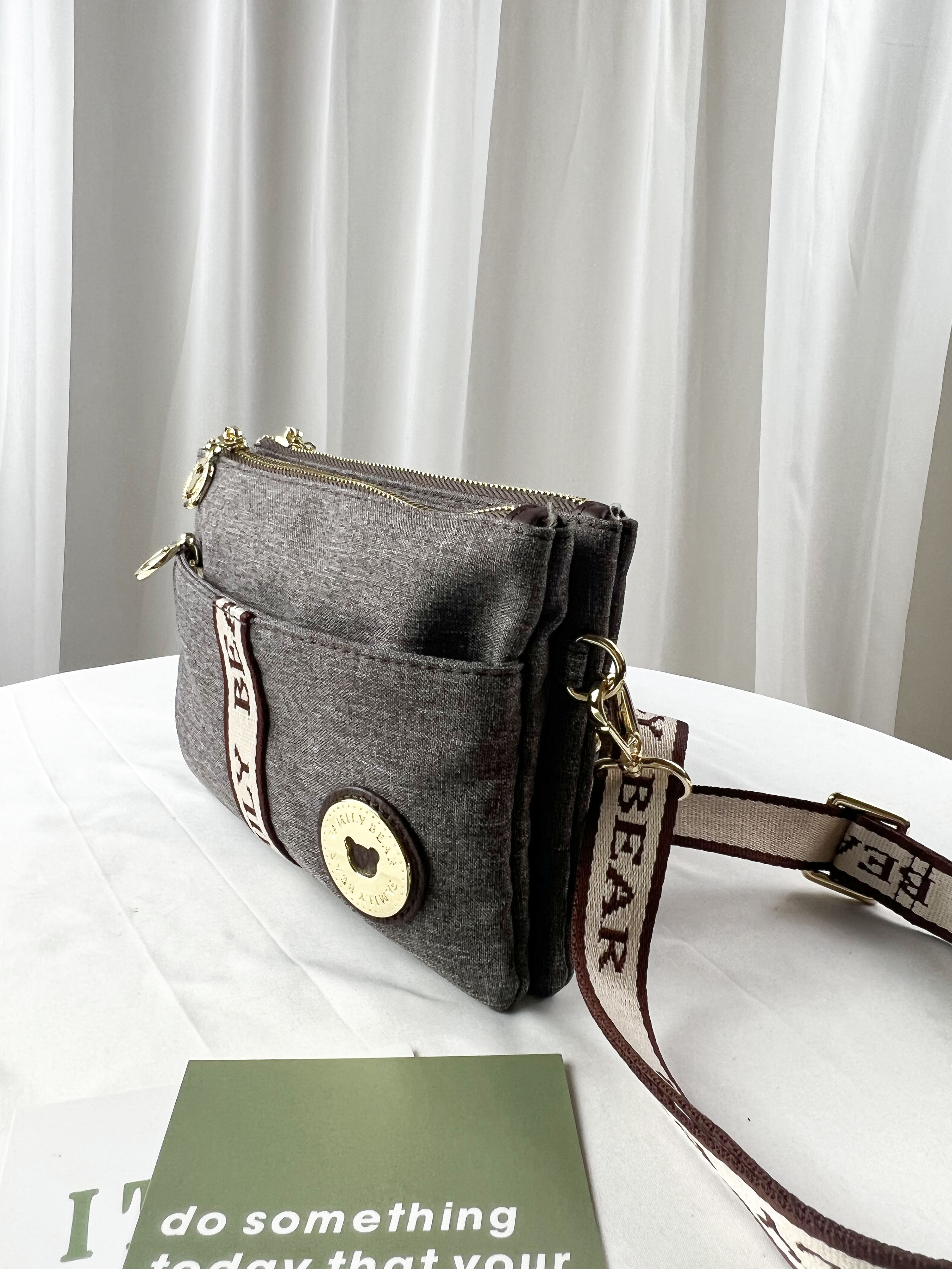 FamilyBear 織帶灰配咖防潑水側背包 #2835