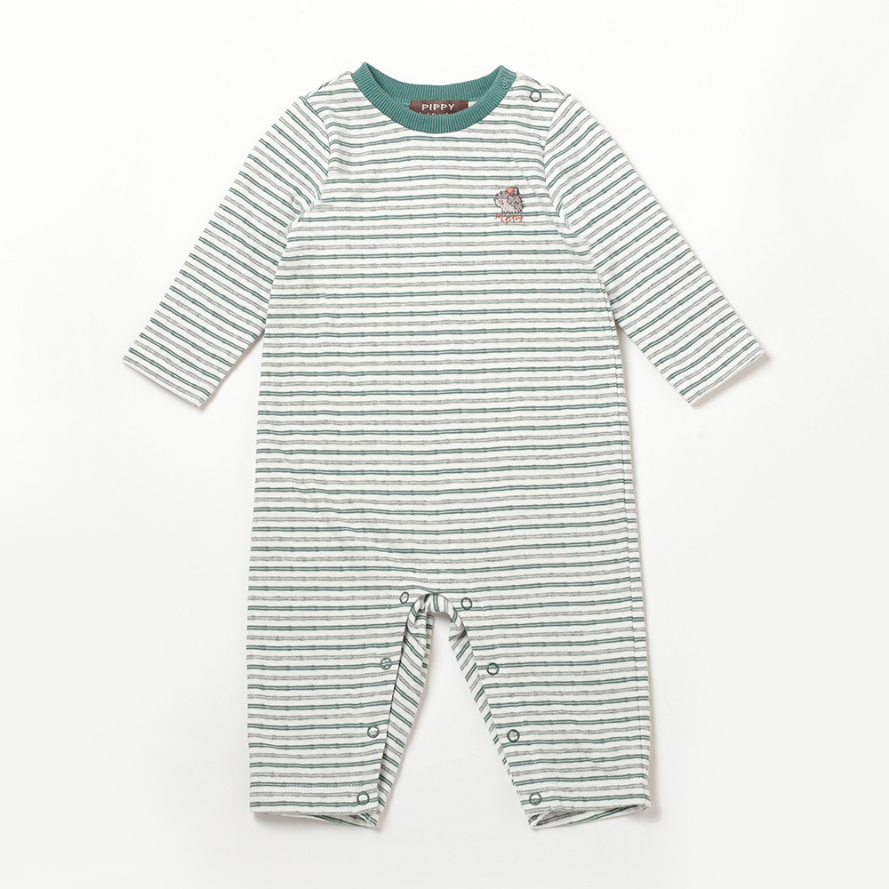 PIPPY 清爽條紋可愛小刺蝟棉質長袖包屁衣 綠