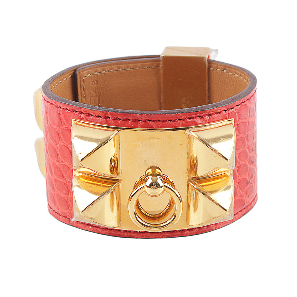 【HERMES】鱷魚皮 鉚釘金釦CDC手環 (S)(粉橘色)
