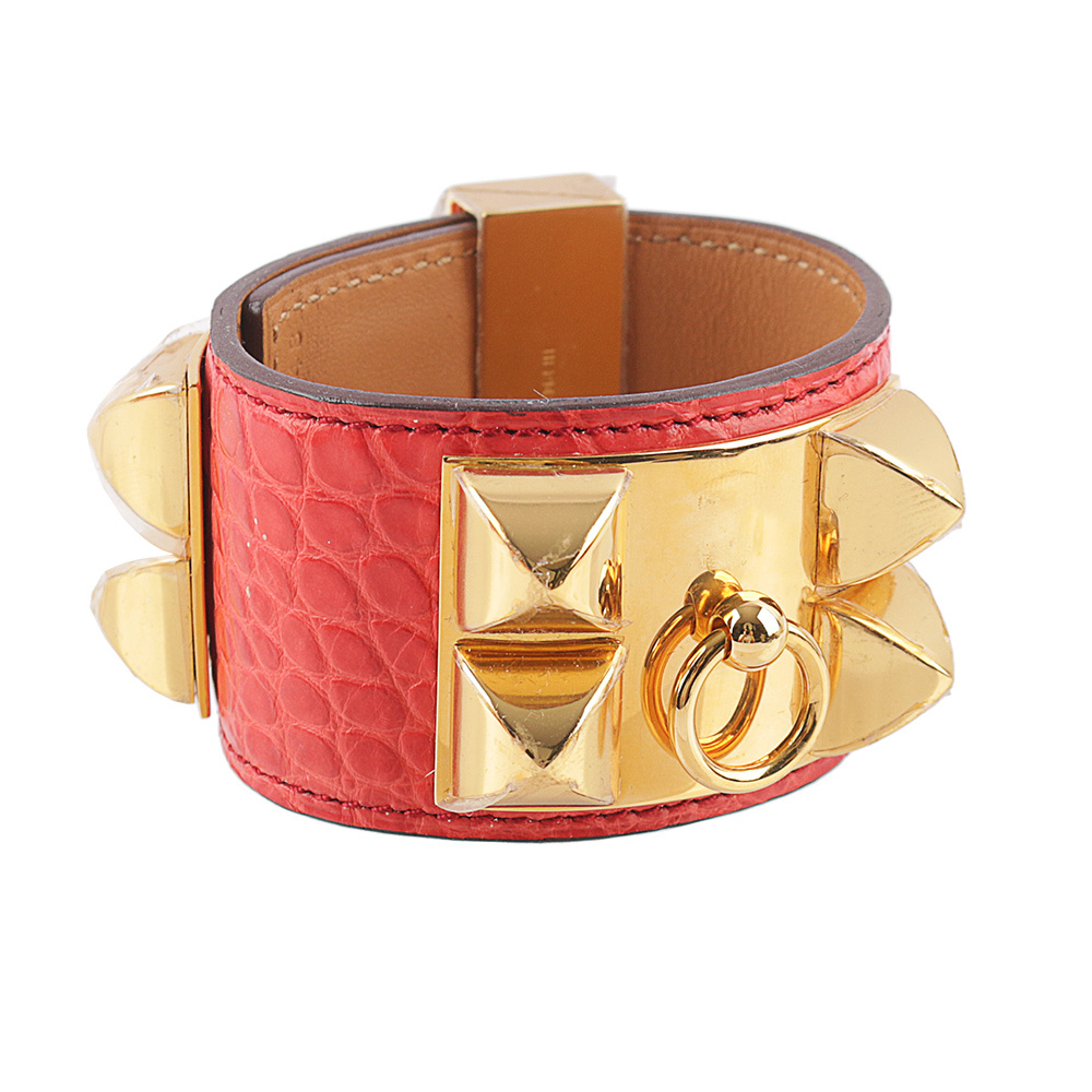 【HERMES】鱷魚皮 鉚釘金釦CDC手環 (S)(粉橘色)