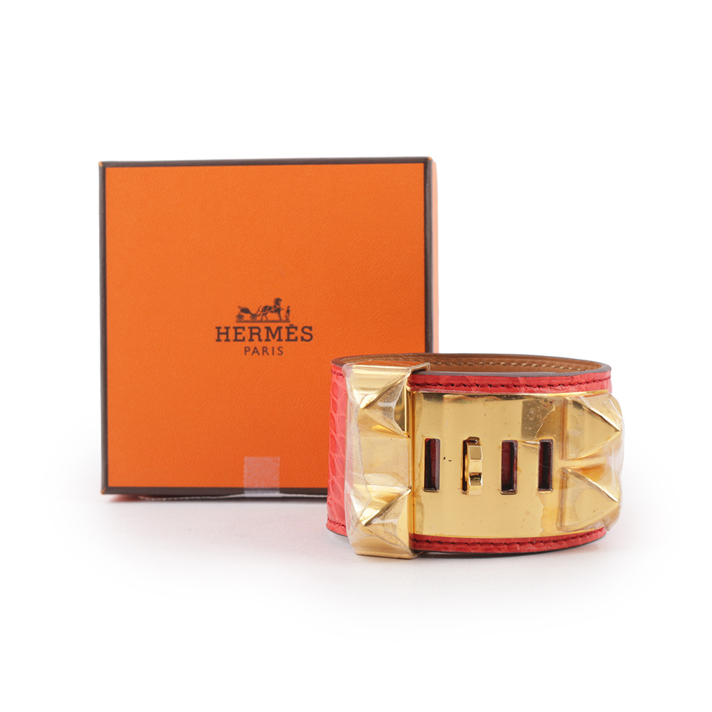 【HERMES】鱷魚皮 鉚釘金釦CDC手環 (S)(粉橘色)