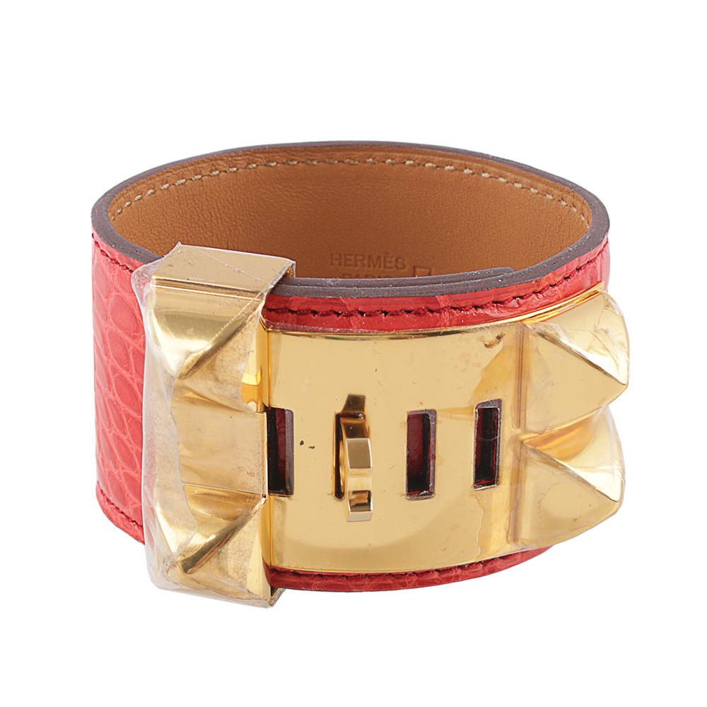 【HERMES】鱷魚皮 鉚釘金釦CDC手環 (S)(粉橘色)