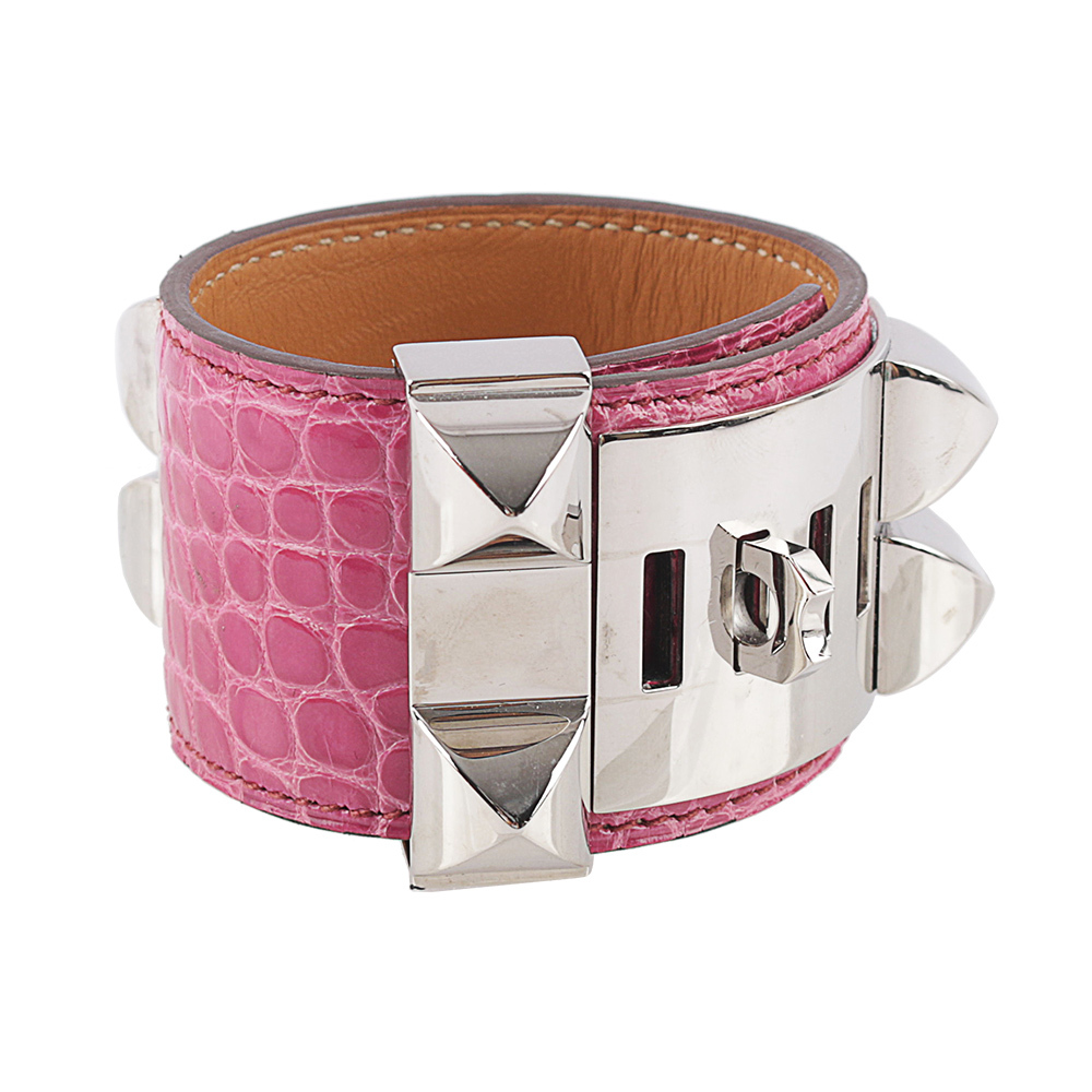 【Hermès】鱷魚皮 鉚釘銀釦CDC手環 (S)