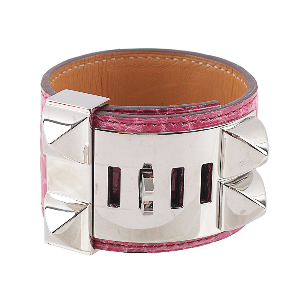 【Hermès】鱷魚皮 鉚釘銀釦CDC手環 (S)