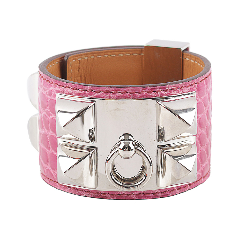 【HERMES】鱷魚皮 鉚釘銀釦CDC手環 (S)(莓紫色)