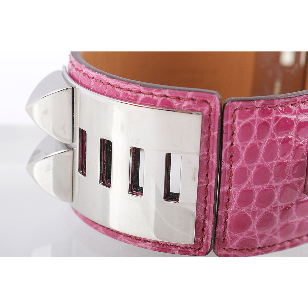 【HERMES】鱷魚皮 鉚釘銀釦CDC手環 (S)(莓紫色)