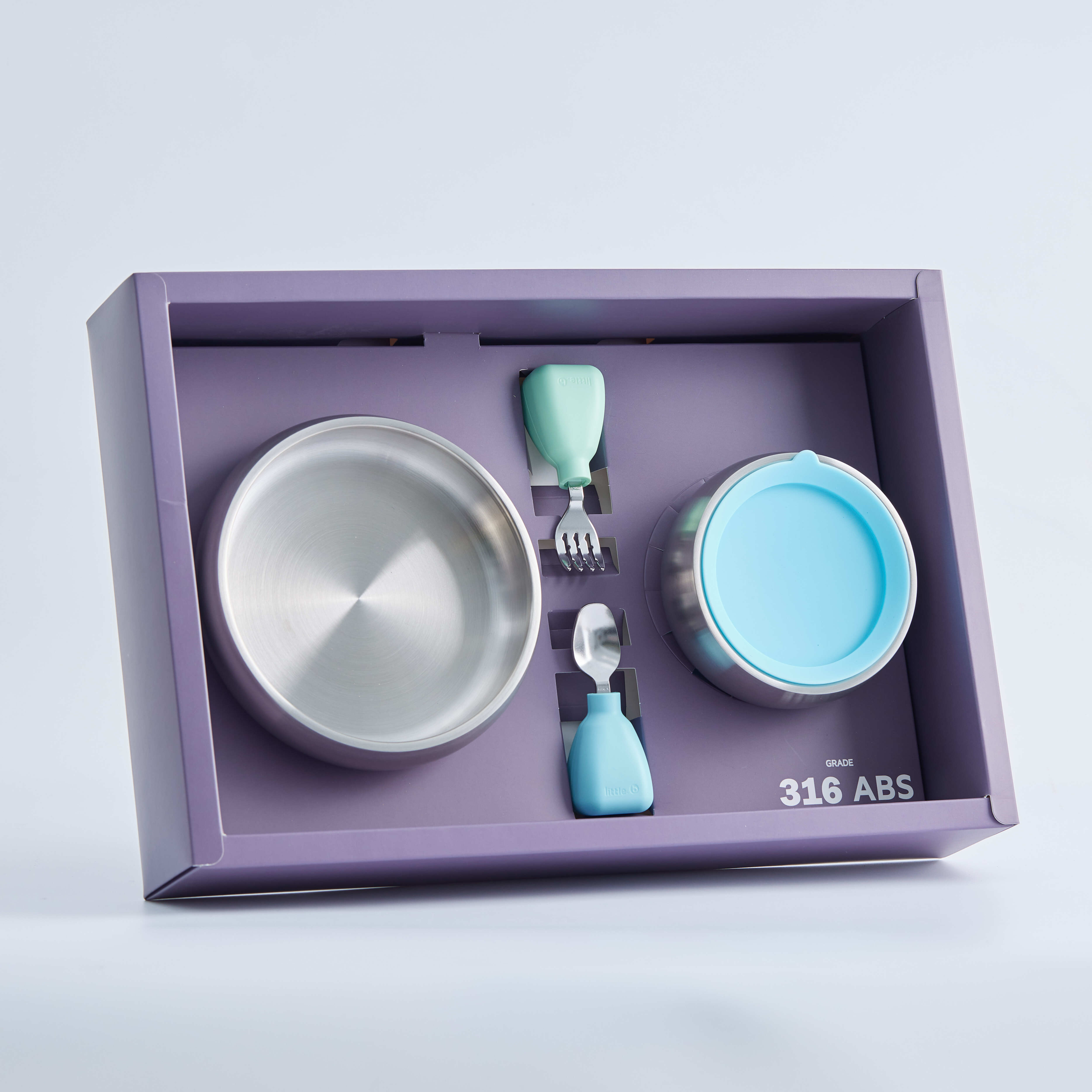 【little.b】進階探索禮盒｜成長禮盒｜吸盤碗、寬口燕麥碗、小寶石湯叉組｜316雙層不鏽鋼系列｜粉/藍