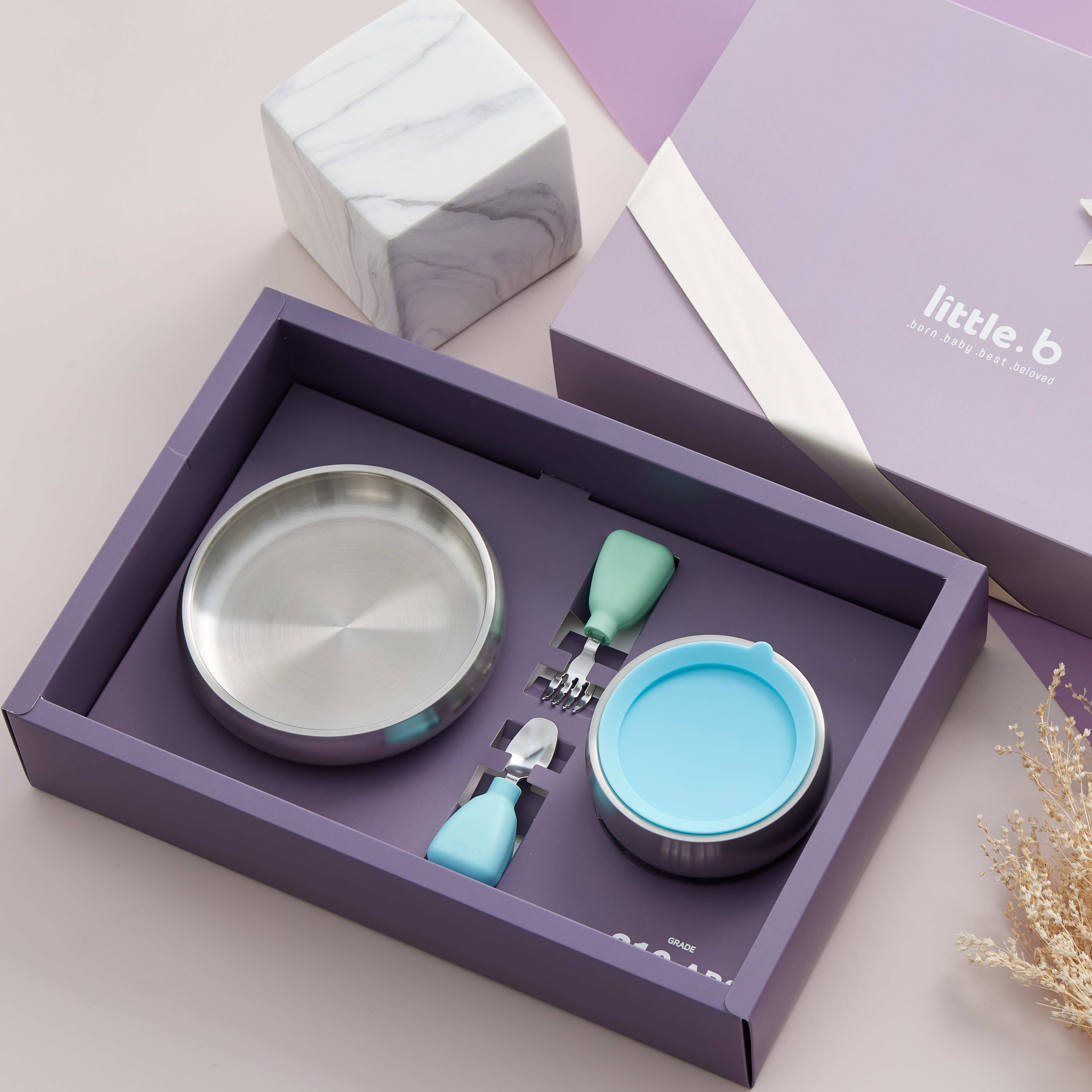 【little.b】進階探索禮盒｜成長禮盒｜吸盤碗、寬口燕麥碗、小寶石湯叉組｜316雙層不鏽鋼系列｜粉/藍