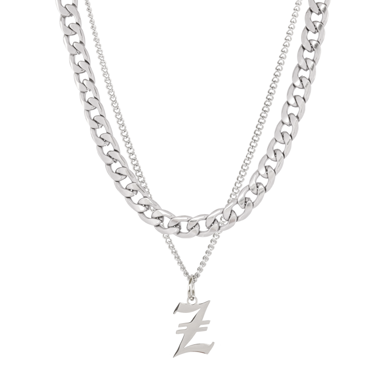 白鋼項鍊，男士項鍊 歌德英文字母Z；古巴鍊雙層設計（3375 Z）