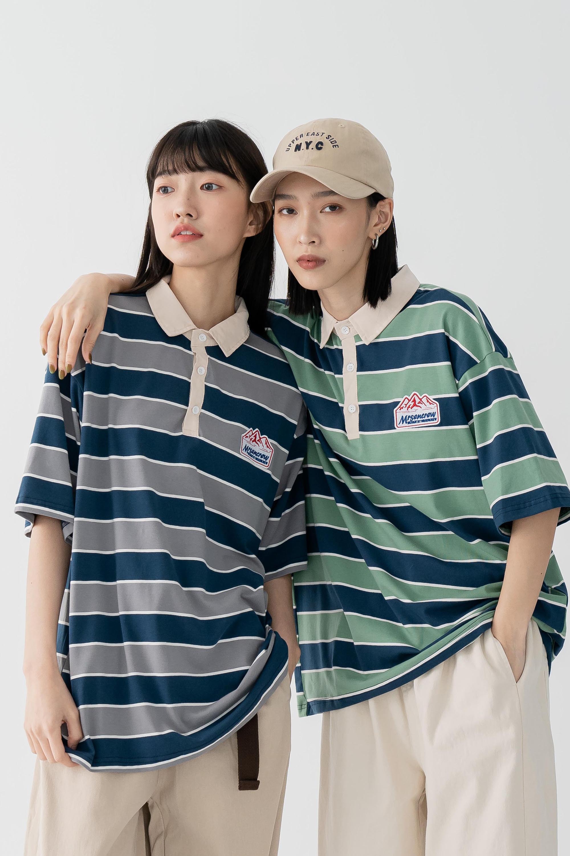 日系復古橫條貼布翻領短T