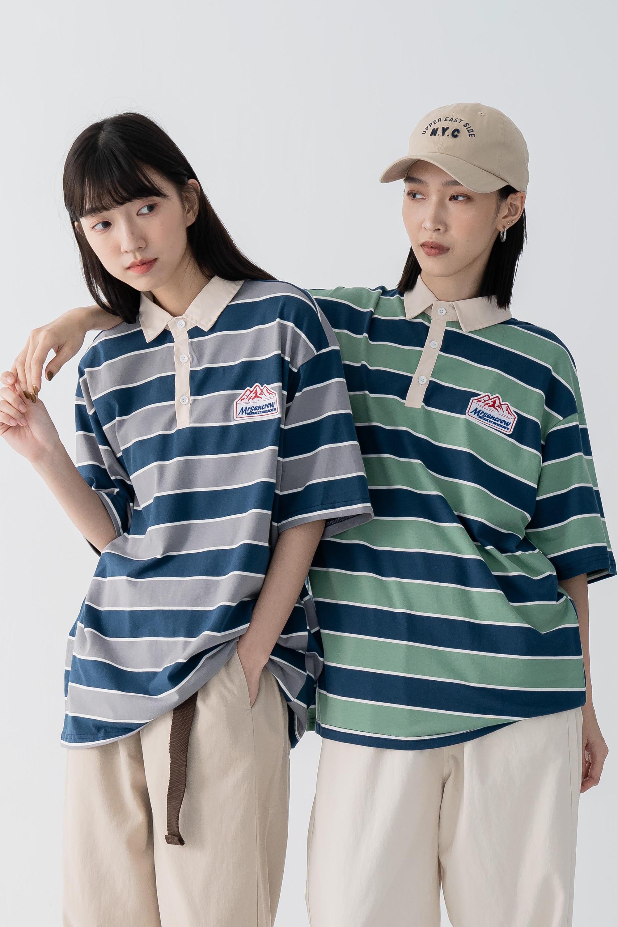 日系復古橫條貼布翻領短T