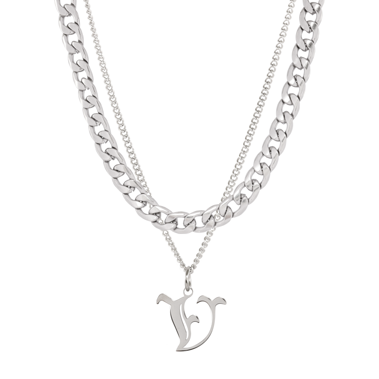 白鋼項鍊，男士項鍊 歌德英文字母V；古巴鍊雙層設計（3375 V）