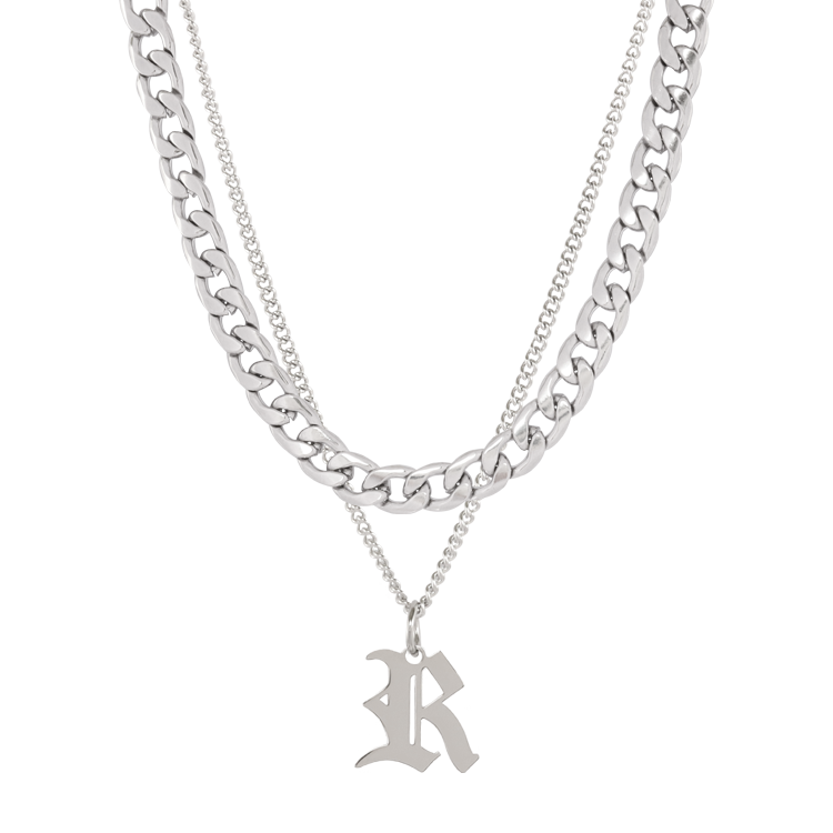 白鋼項鍊，男士項鍊 歌德英文字母R；古巴鍊雙層設計（3375 R）
