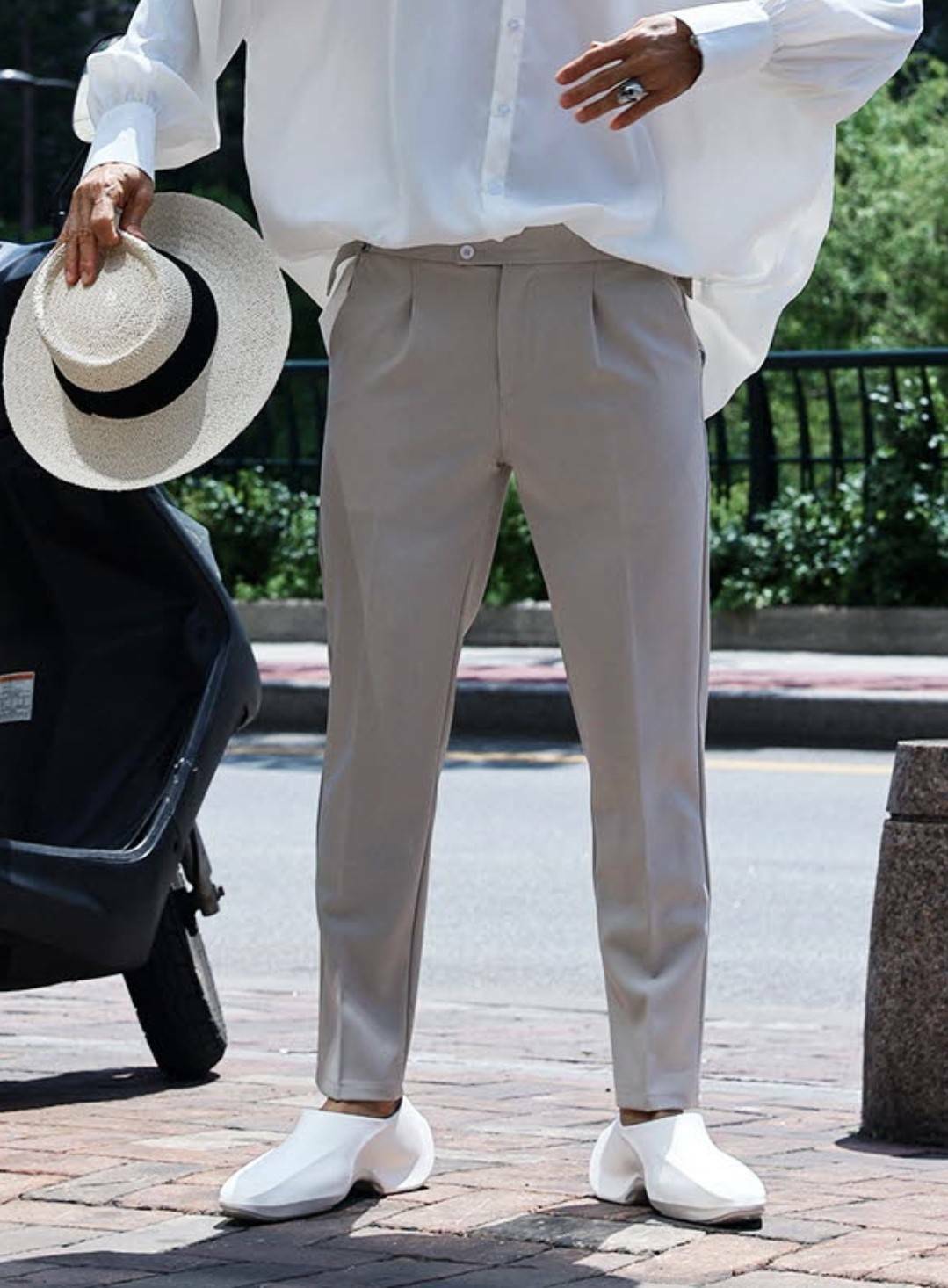 細褶雙橫釦西裝褲