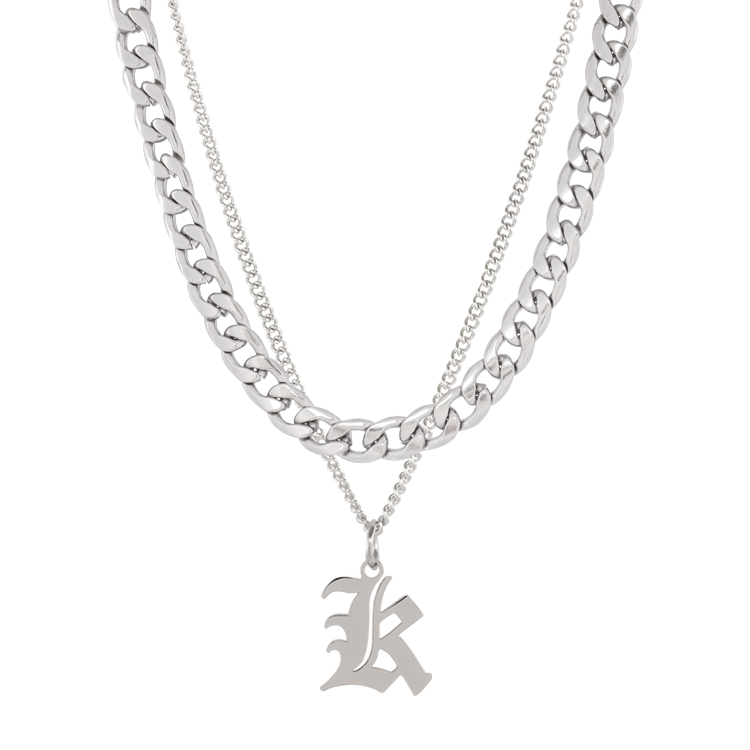 白鋼項鍊，男士項鍊 歌德英文字母K；古巴鍊雙層設計（3375 K）