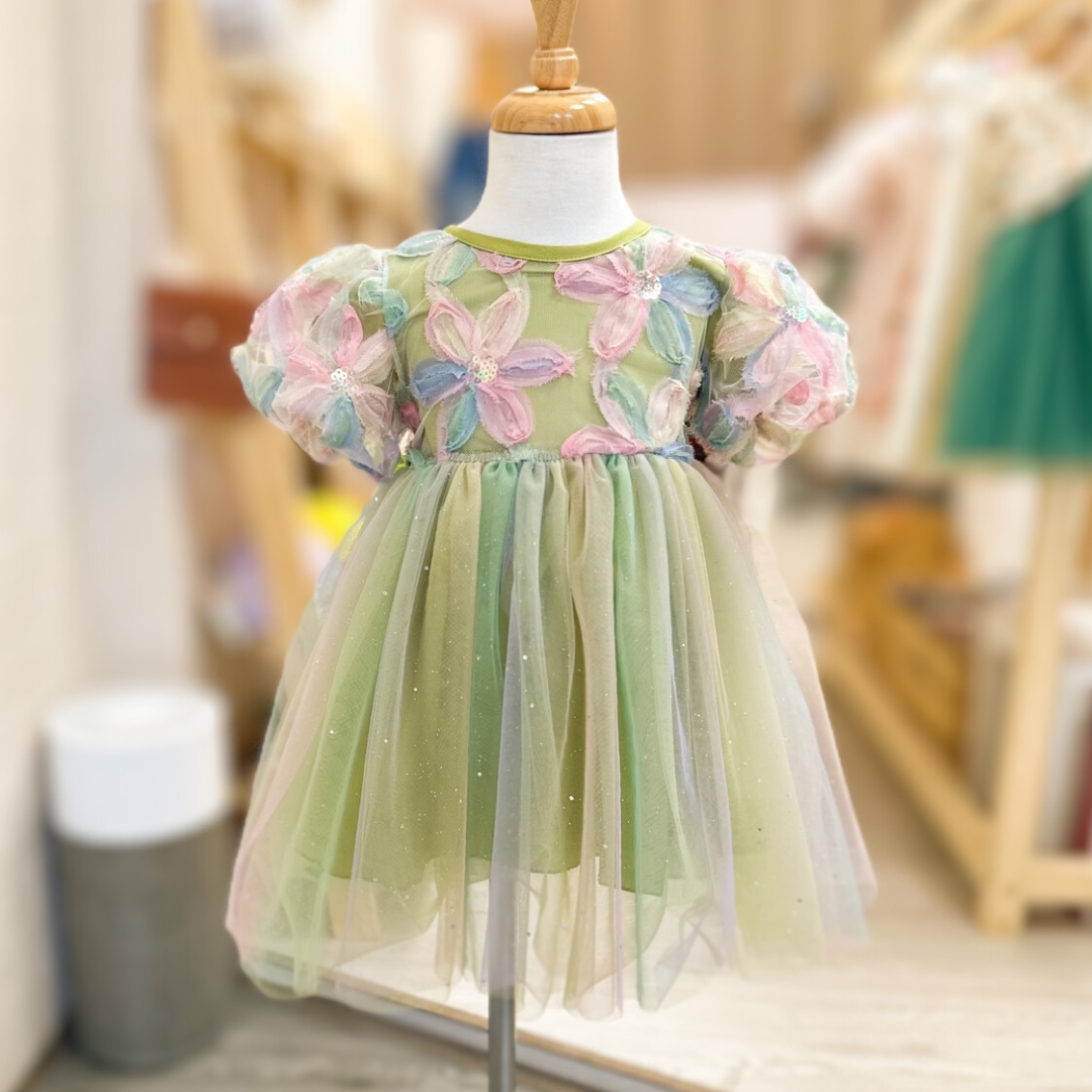 抹茶漸層粉網紗裙-夏季短袖洋裝(90-130)