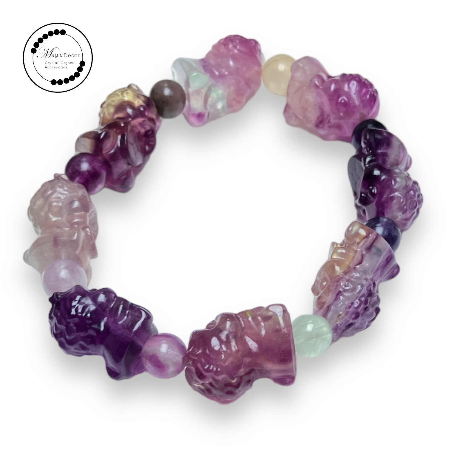 0720-a53 彩螢石咬金獸雕刻設計款手串