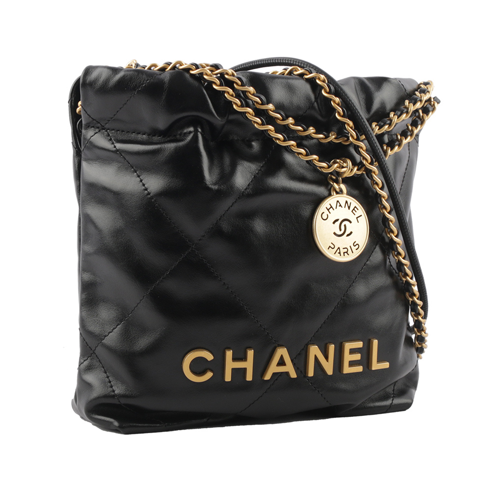 【CHANEL】新款22 Bag 金字菱格紋亮面小牛皮迷你斜背包