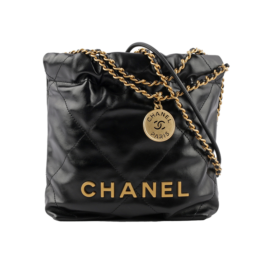 【CHANEL】新款22 Bag 金字菱格紋亮面小牛皮迷你斜背包(黑色) AS3980 B08037 94305