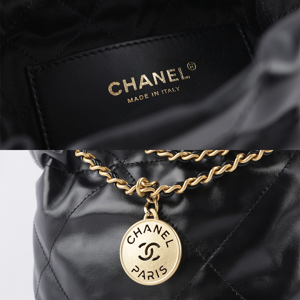 【CHANEL】新款22 Bag 金字菱格紋亮面小牛皮迷你斜背包(黑色) AS3980 B08037 94305