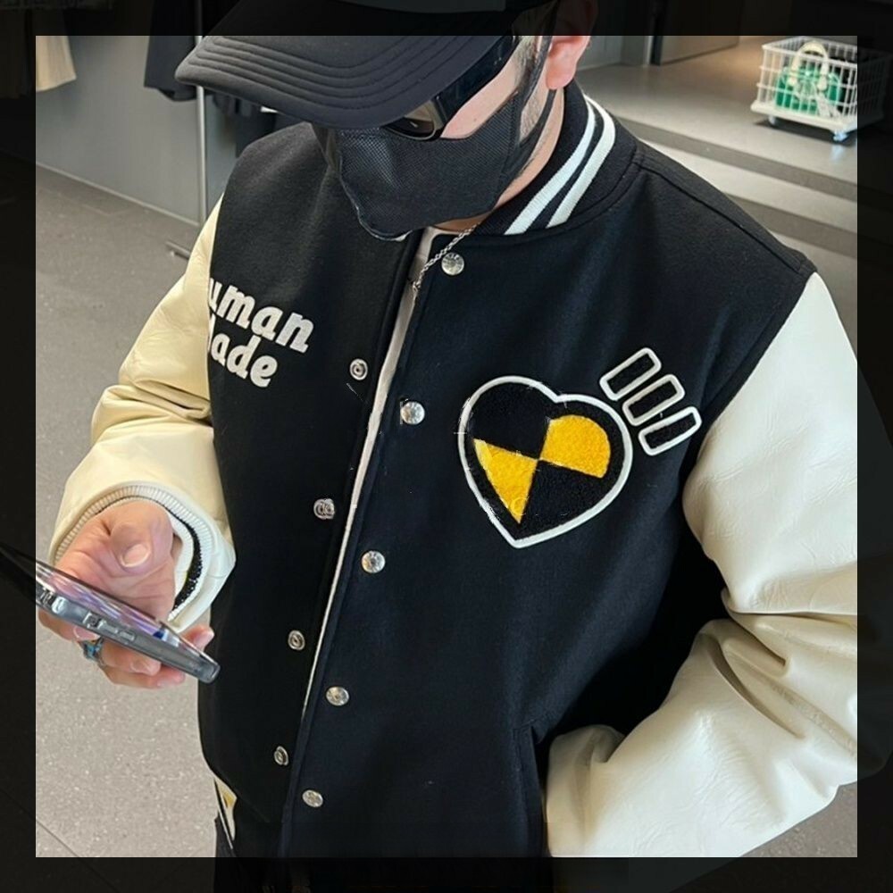 22AW 秋冬新款Human Made 機器人愛心刺繡字母 牛皮袖套 外套 棒球外套