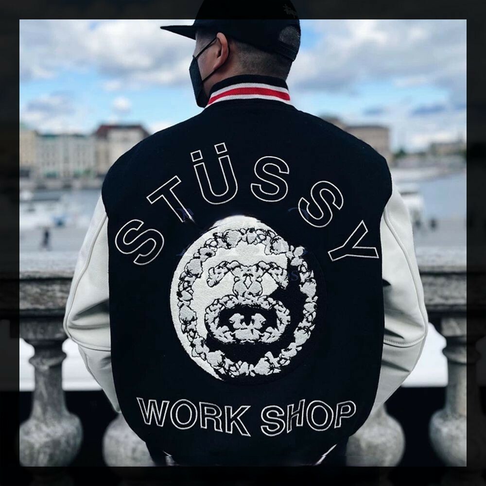 Stussy x Denim Tears x OUR LEGACY刺繡 棒球外套 拼接外套 皮袖外套 夾克