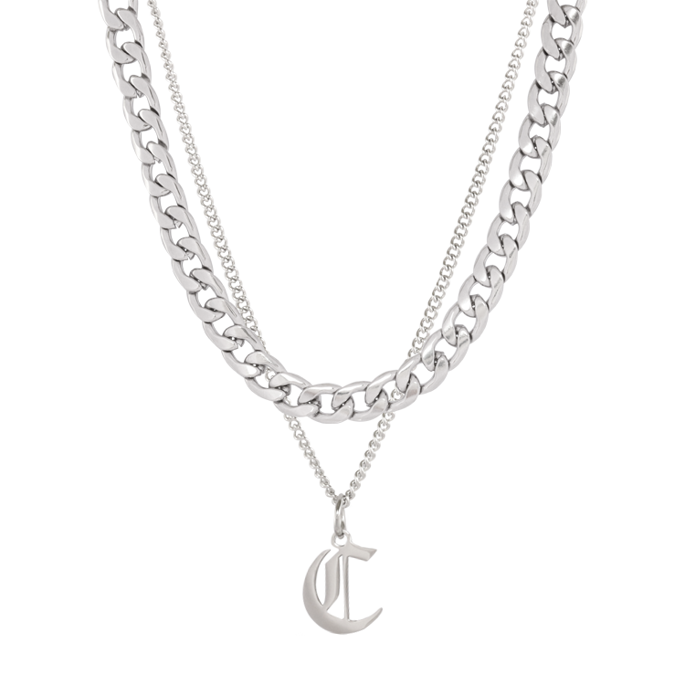 白鋼項鍊，男士項鍊 歌德英文字母C；古巴鍊雙層設計（3375 C）