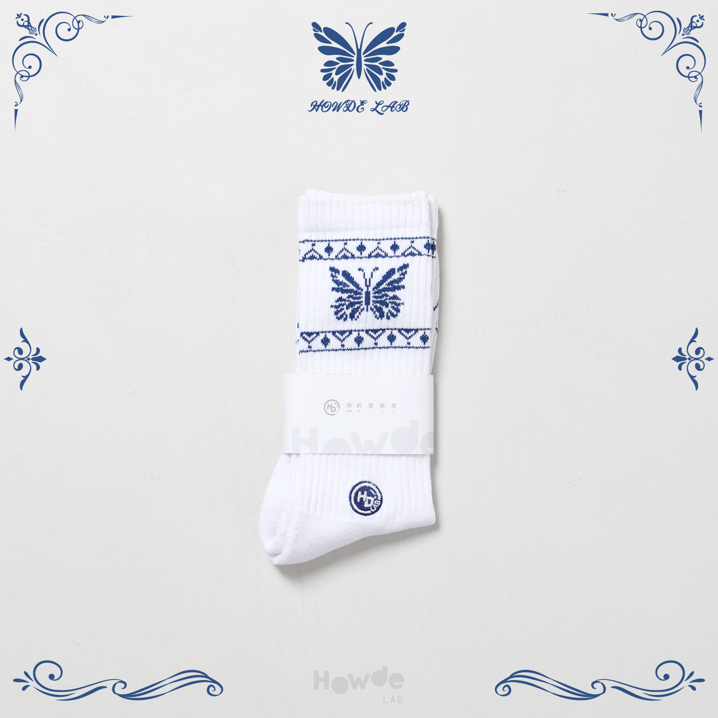 HOWDE LAB " Butterfly " SOCKS 白色 蝴蝶剪影青花瓷 長襪 造型襪 高筒襪【23SS04-WH】