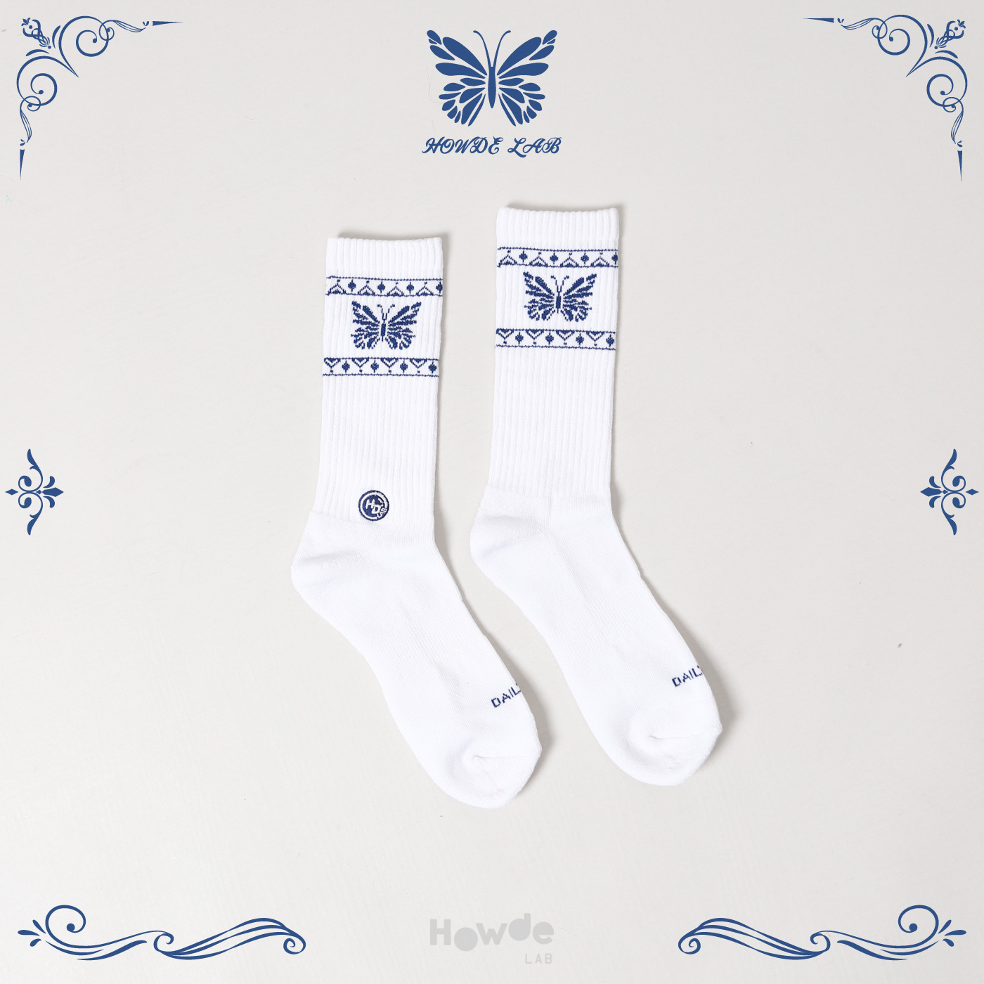 HOWDE LAB " Butterfly " SOCKS 白色 蝴蝶剪影青花瓷 長襪 造型襪 高筒襪【23SS04-WH】