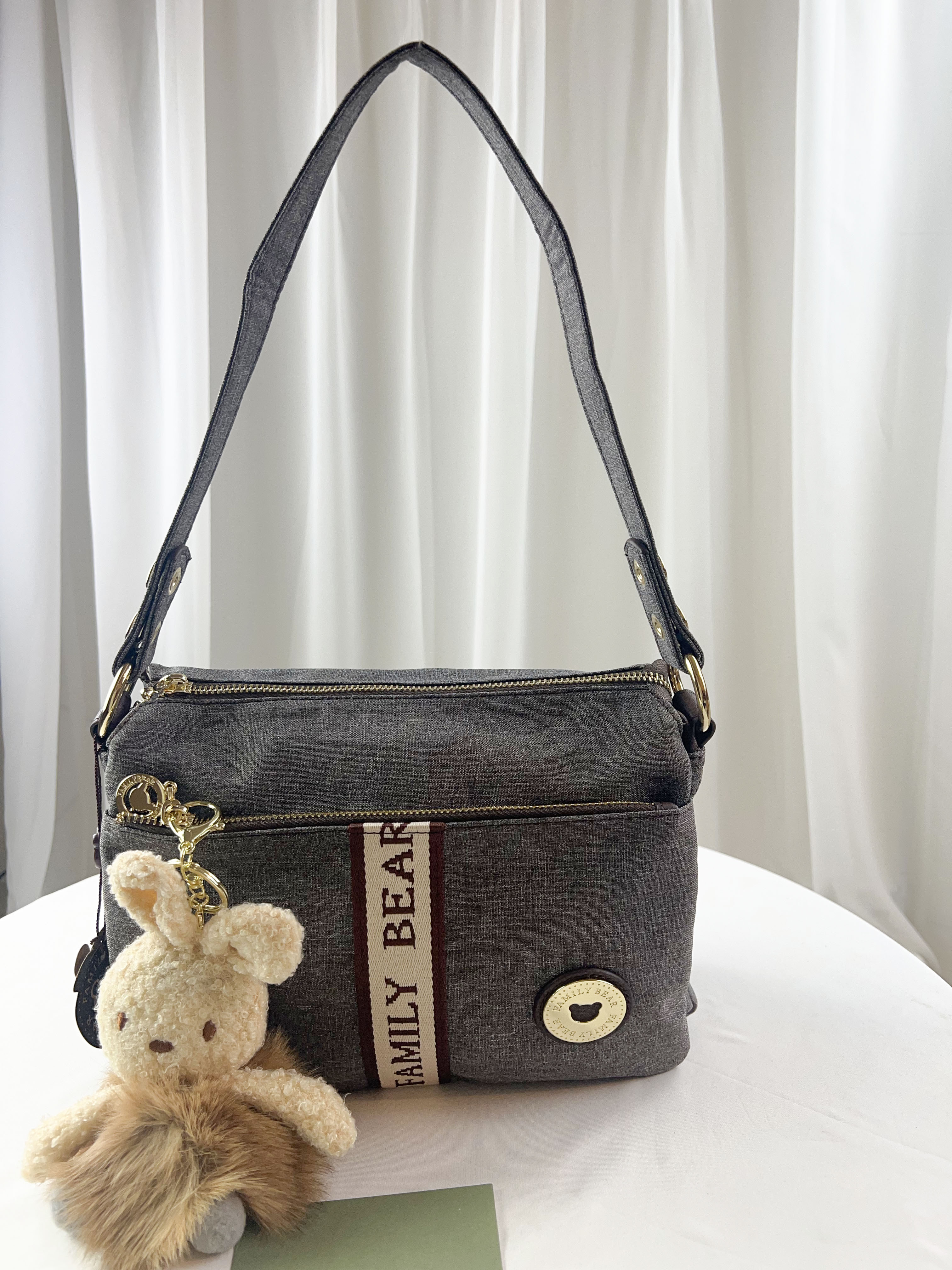 FamilyBear 織帶灰配咖防潑水肩背包 / 側背包 附兔兔吊飾 #29259