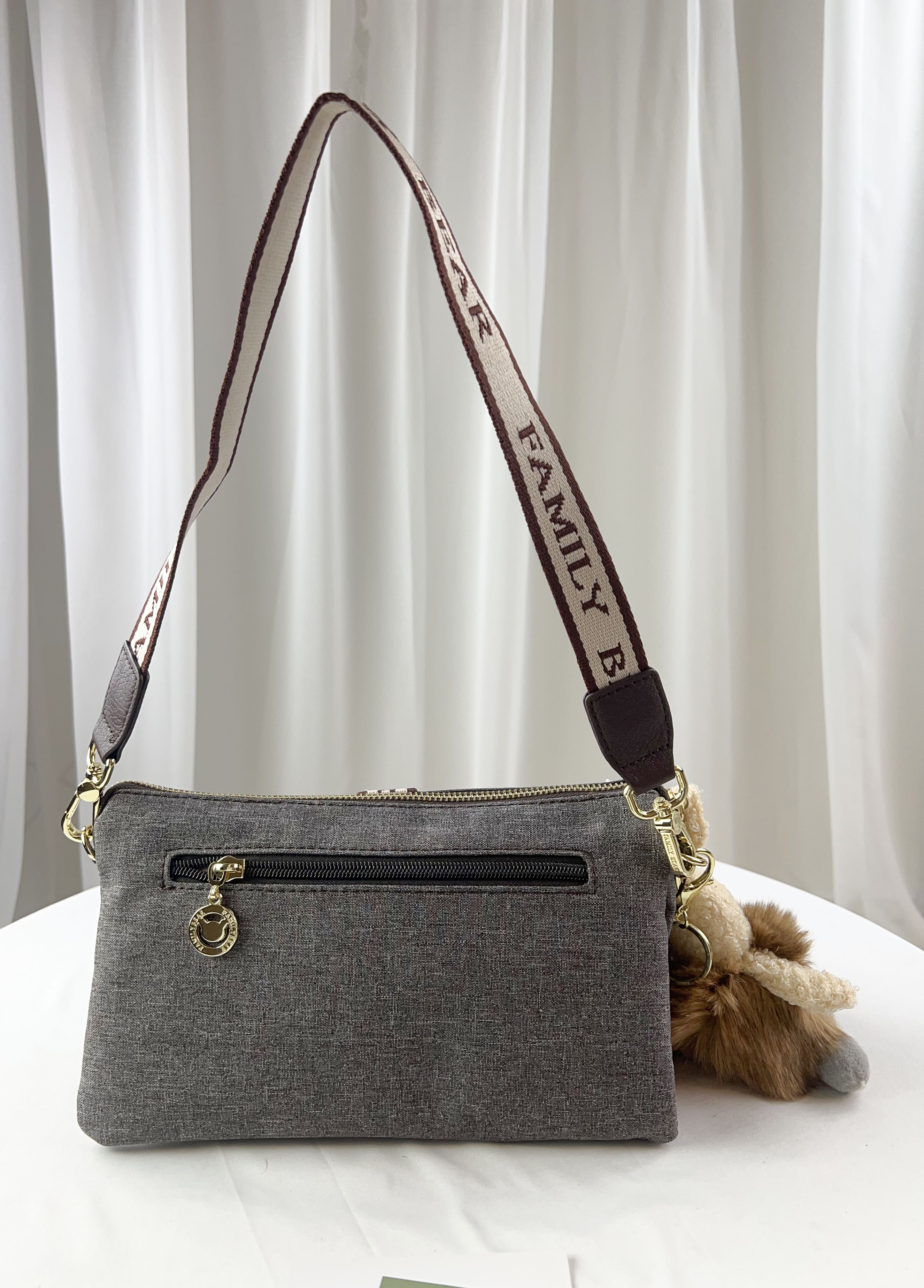 FamilyBear 織帶灰配咖防潑水側背包 附兔兔吊飾 #2107