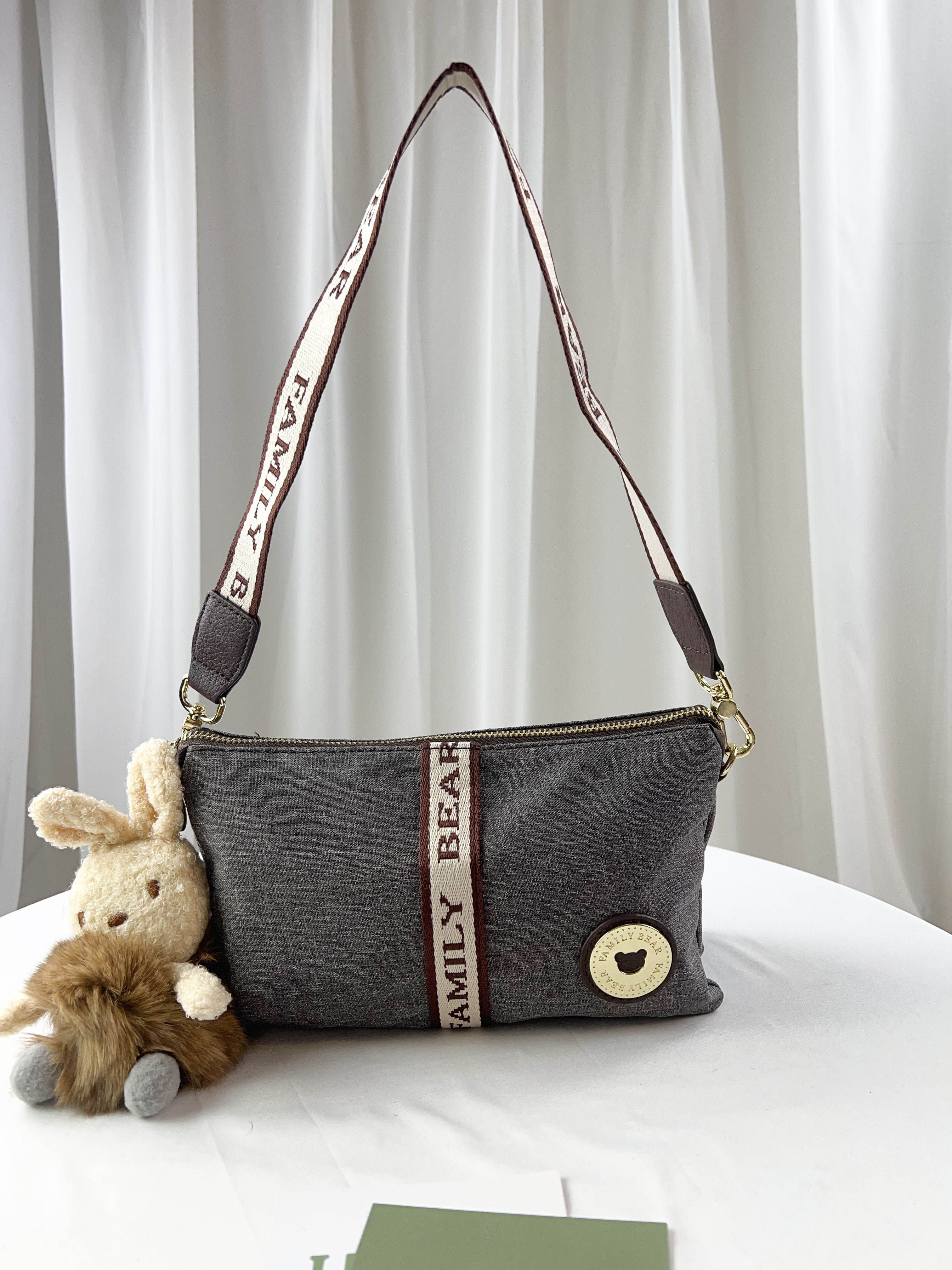 FamilyBear 織帶灰配咖防潑水側背包 附兔兔吊飾 #2107