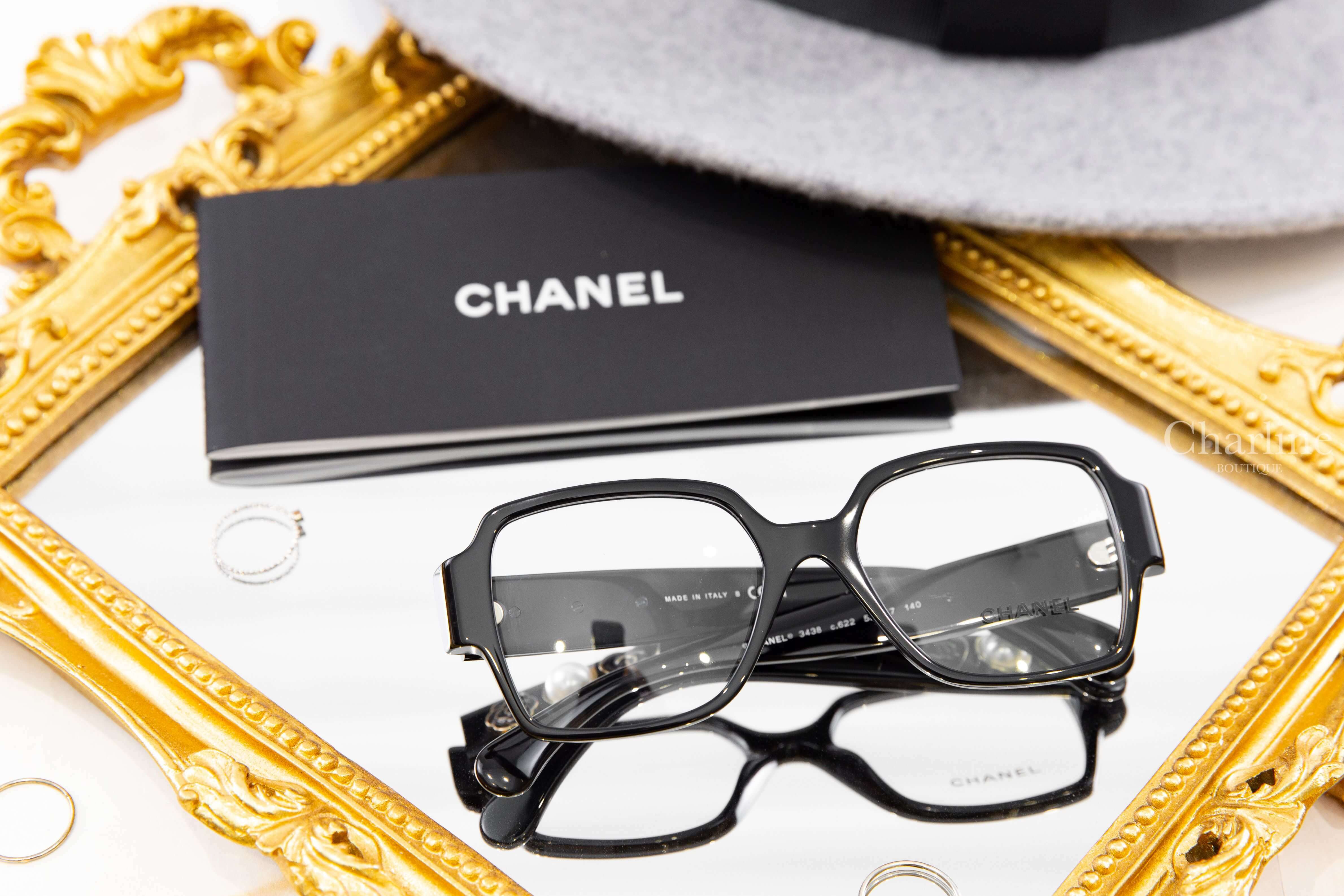 Chanel Square Eyeglasses 黑色方框側邊山茶花白色珍珠愛心CC平光眼鏡
