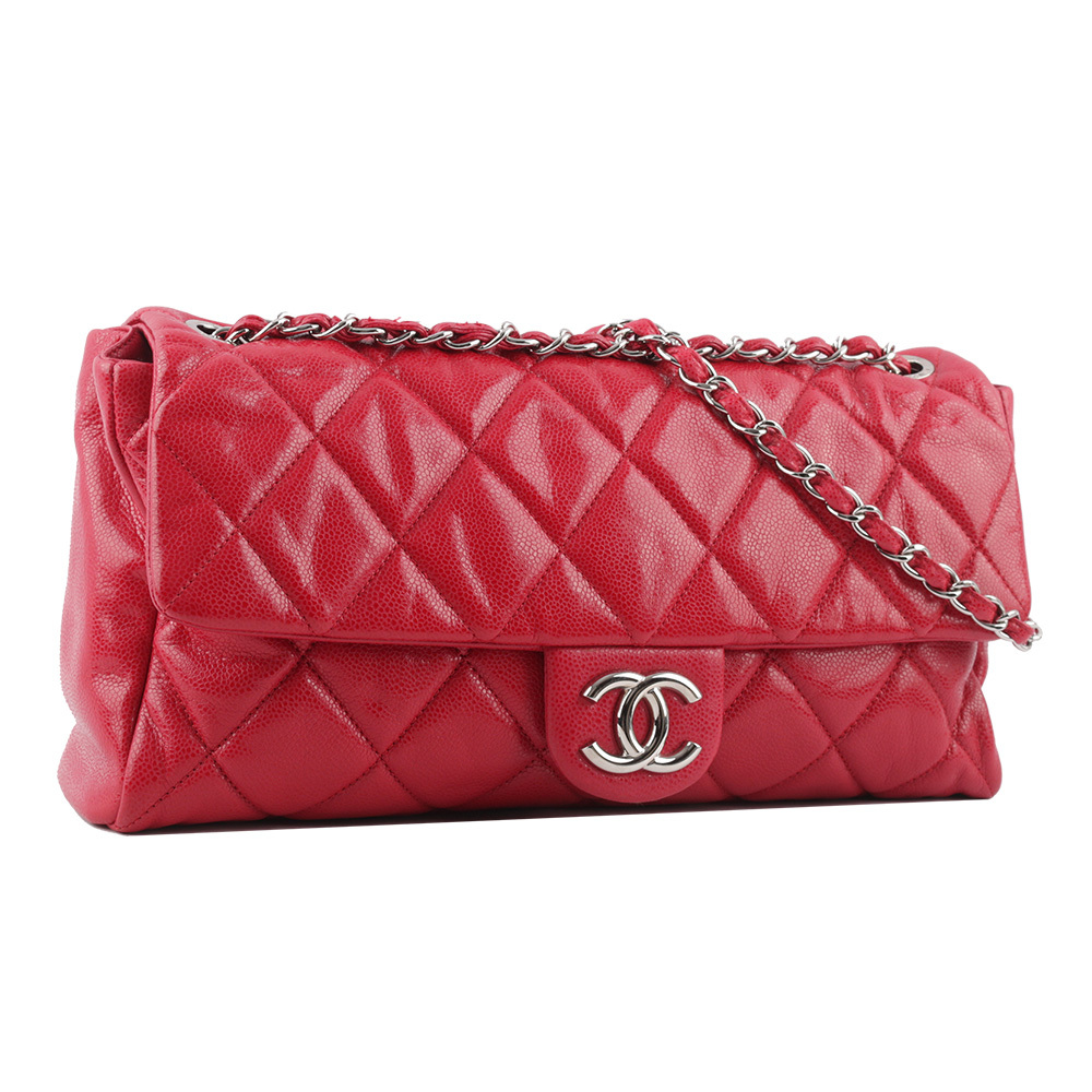 【CHANEL】銀色CC Logo 荔枝牛皮大款口蓋包