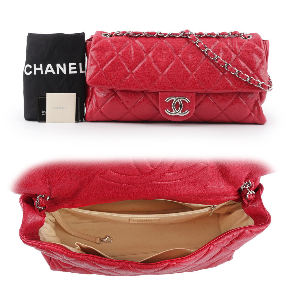 【CHANEL】銀色CC Logo 荔枝牛皮大款口蓋包(紅色) A48737 Y06300 81643