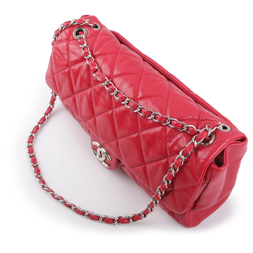 【CHANEL】銀色CC Logo 荔枝牛皮大款口蓋包(紅色) A48737 Y06300 81643