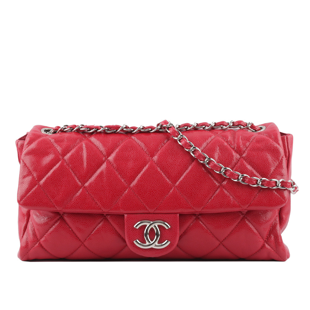 【CHANEL】銀色CC Logo 荔枝牛皮大款口蓋包(紅色) A48737 Y06300 81643