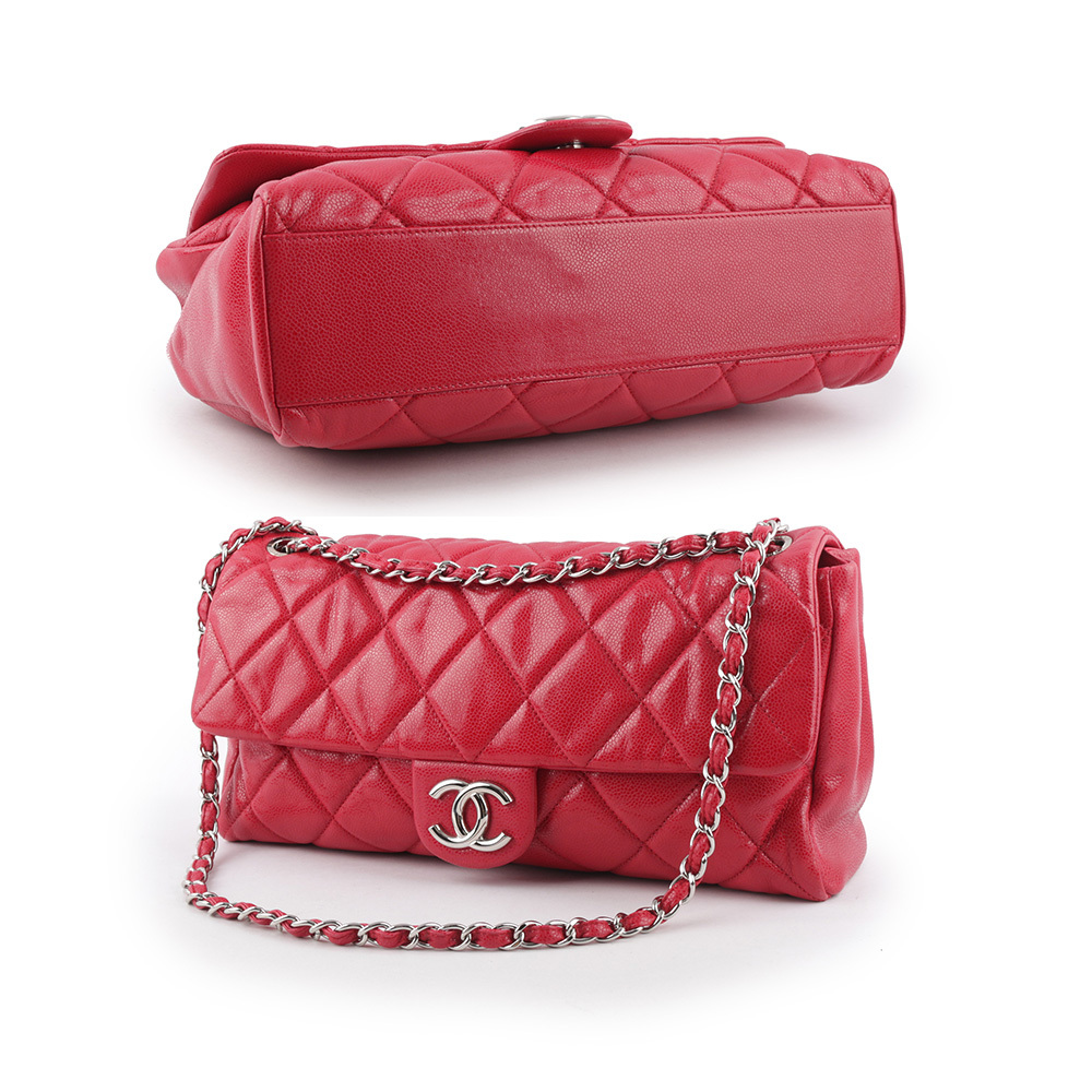 【CHANEL】銀色CC Logo 荔枝牛皮大款口蓋包(紅色) A48737 Y06300 81643