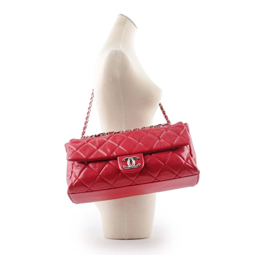 【CHANEL】銀色CC Logo 荔枝牛皮大款口蓋包(紅色) A48737 Y06300 81643