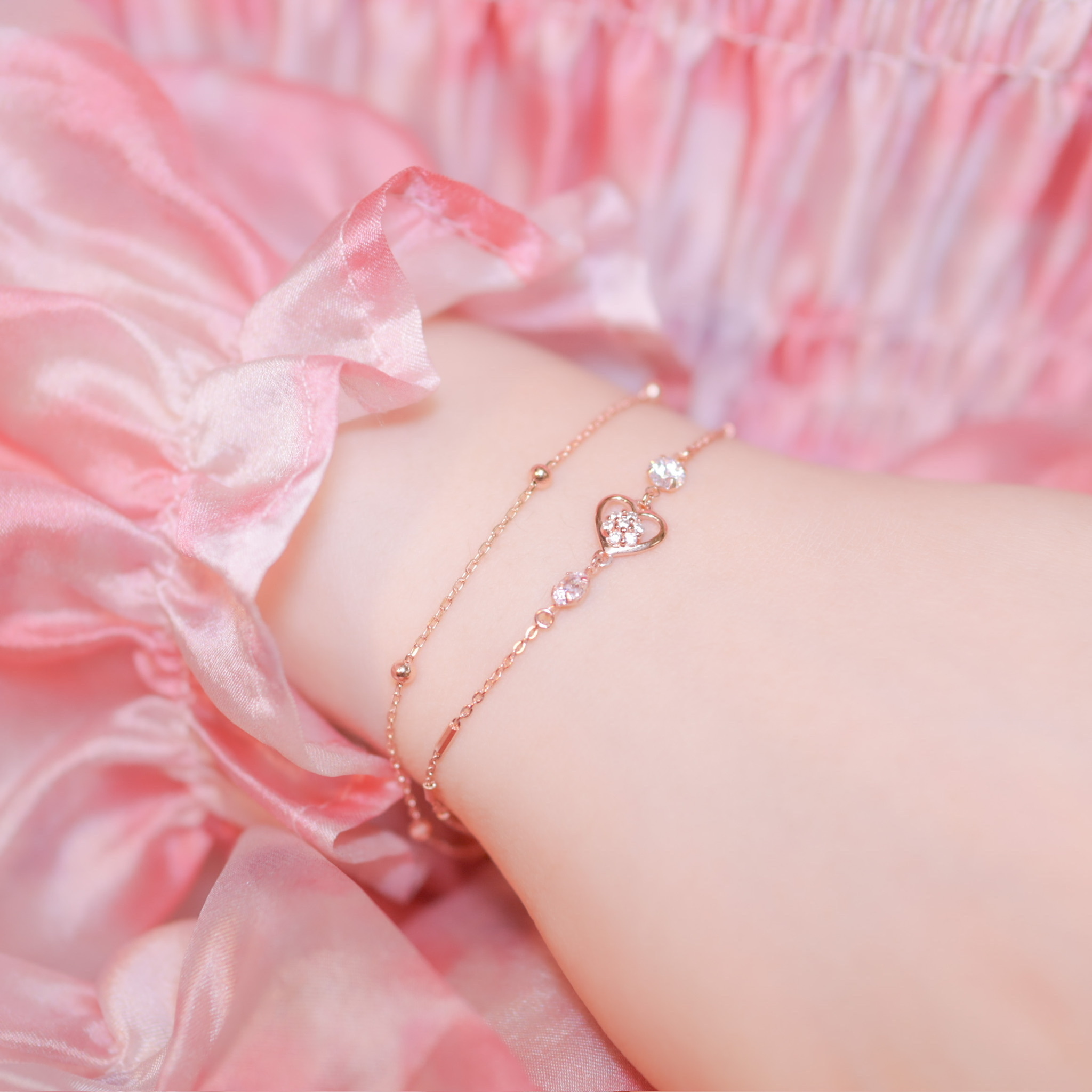 | 925純銀・ 厚鍍玫瑰金 | 溫存心心雙層手鏈 | BR0569 |