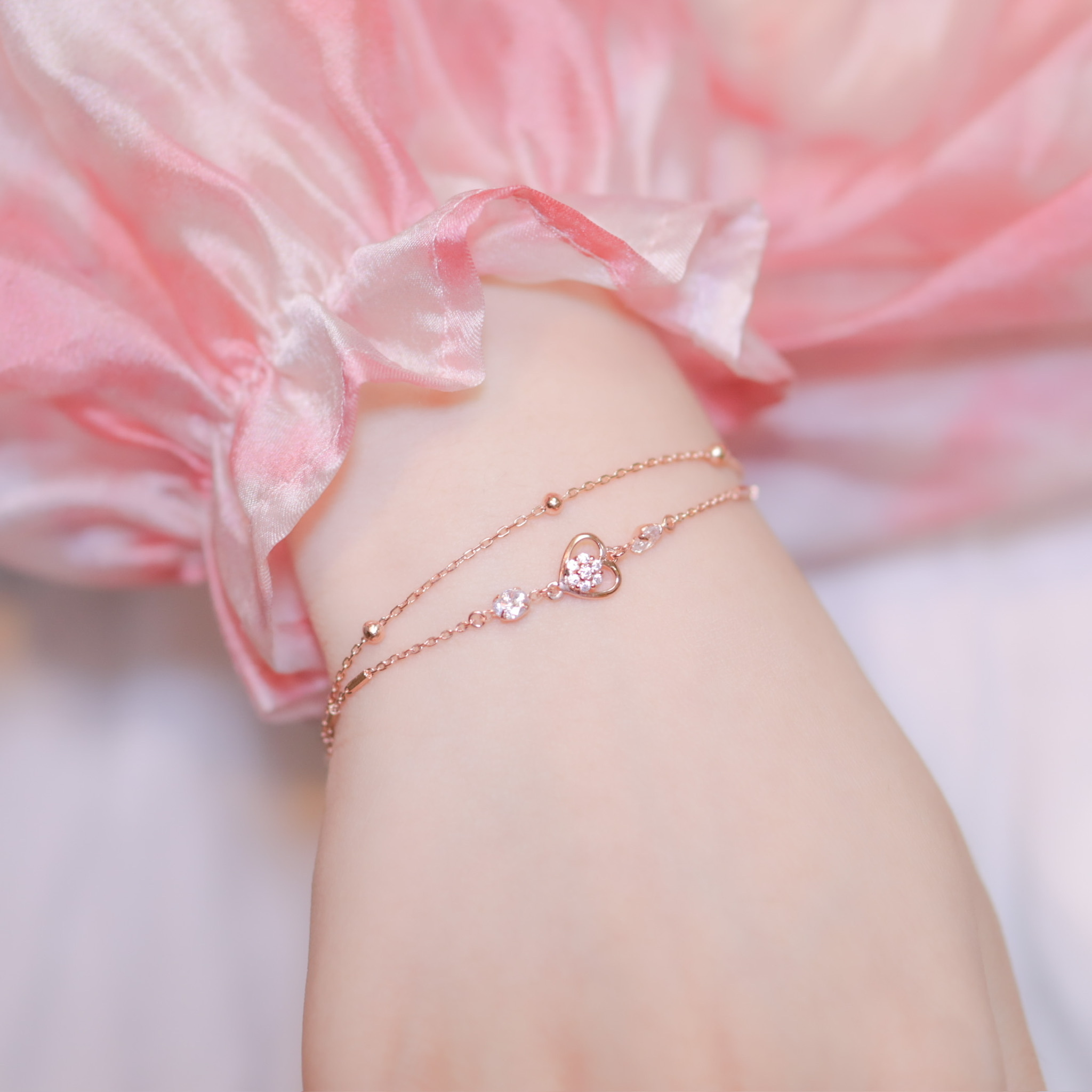 | 925純銀・ 厚鍍玫瑰金 | 溫存心心雙層手鏈 | BR0569 |