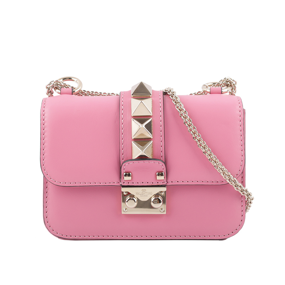 【VALENTINO】淡金釦鉚釘小牛皮翻蓋迷你鍊包